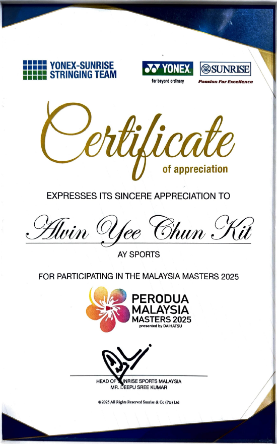 Mr. Alvin Yee Chun Kit of AY SPORTS participated in the PERODUA Malaysia Masters 2025 as part of his YONEX-SUNRISE Stringing Team experience, further strengthening his professional tournament stringing experience.