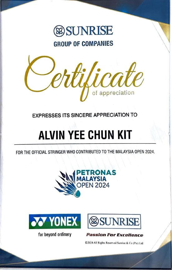 Mr. Alvin Yee Chun Kit served as an Official Stringer at the PETRONAS Malaysia Open 2024, contributing his professional racket stringing expertise as part of the YONEX-SUNRISE stringing team.