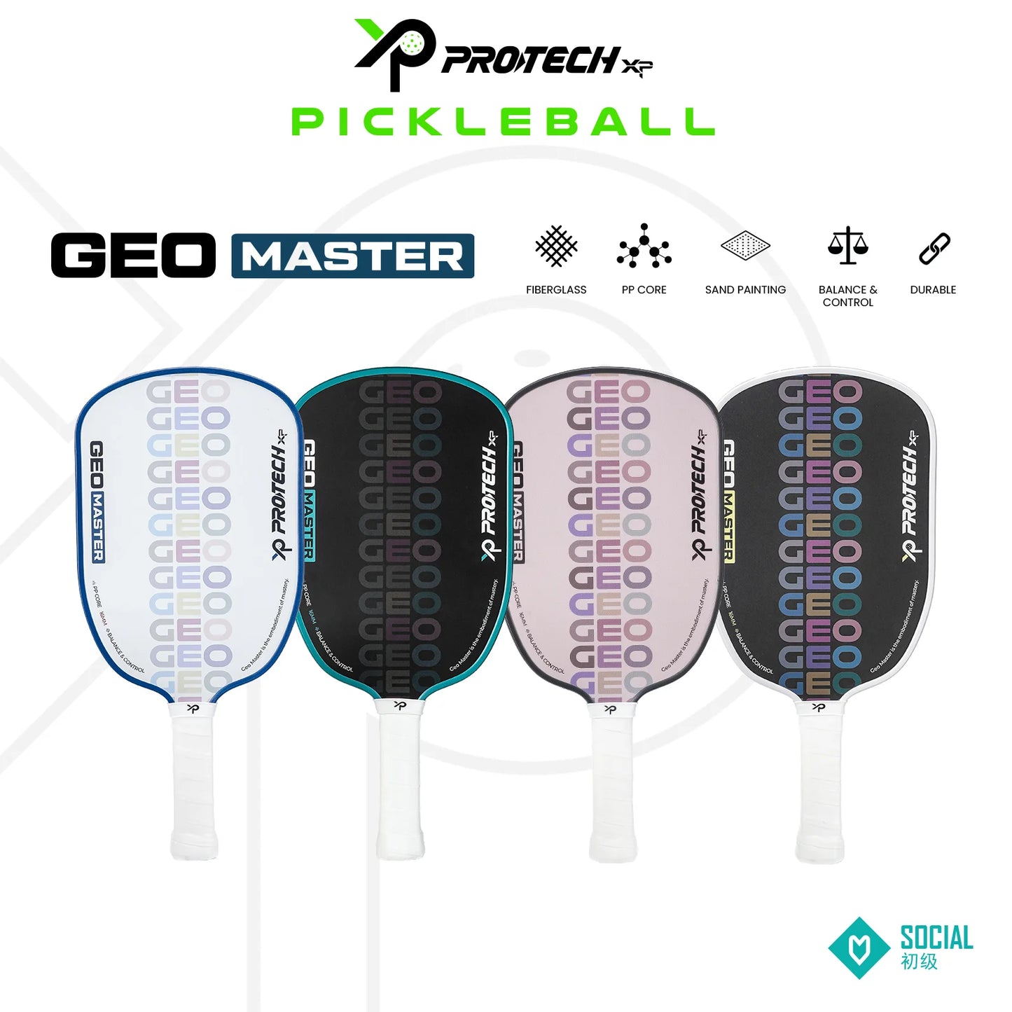 PROTECH GEO MASTER PICKLEBALL PADDLE (16mm)(2 Paddle/4 Ball/1 Sling Cover) - BLACK/WHITE