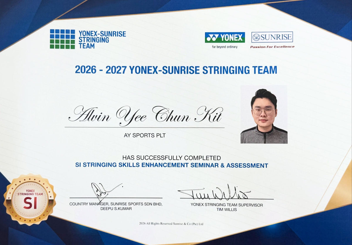 Mr.Alvin Yee Chun Kit successfully completed the S1 Stringing Skills Enhancement Seminar & Assessment and is a member of the YONEX-SUNRISE Stringing Team.