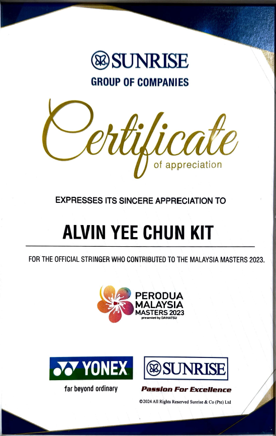 Mr. Alvin Yee Chun Kit served as an Official Stringer at the PERODUA Malaysia Masters 2023, contributing his professional racket stringing expertise as part of the YONEX-SUNRISE stringing team.