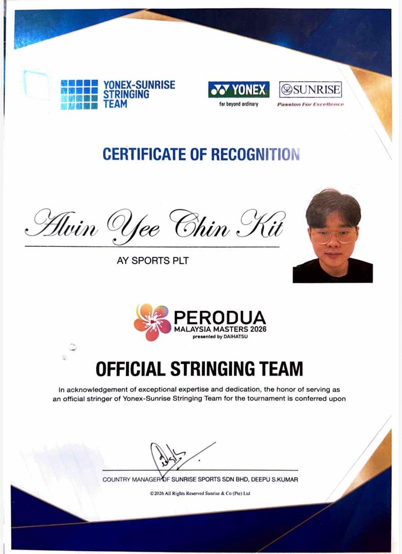 Mr. Alvin Yee Chun Kit served as part of the YONEX-SUNRISE Official Stringing Team at the PERODUA Malaysia Masters 2026, bringing international tournament stringing experience to Chiggaz Sports in Miri, Sarawak.