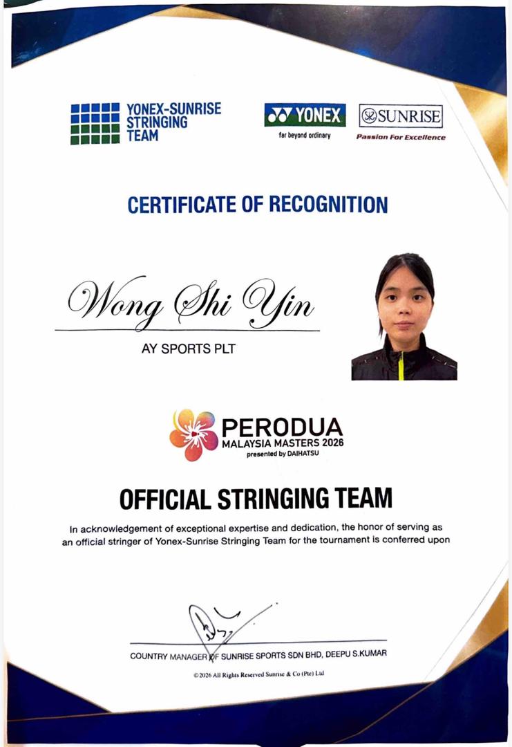 Ms.Wong Shi Yin served as part of the YONEX-SUNRISE Official Stringing Team at the PERODUA Malaysia Masters 2026, bringing international tournament stringing experience to Chiggaz Sports in Miri, Sarawak.