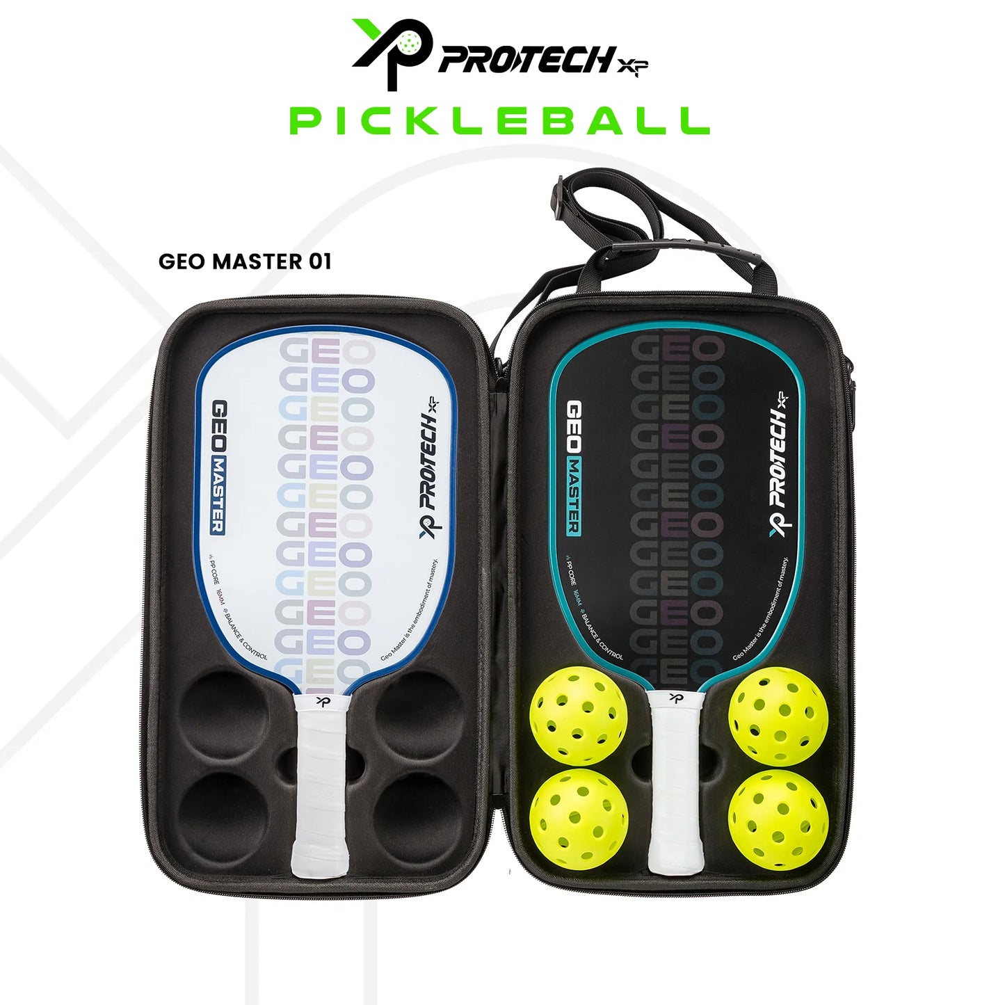 PROTECH GEO MASTER PICKLEBALL PADDLE (16mm)(2 Paddle/4 Ball/1 Sling Cover) - BLACK/WHITE