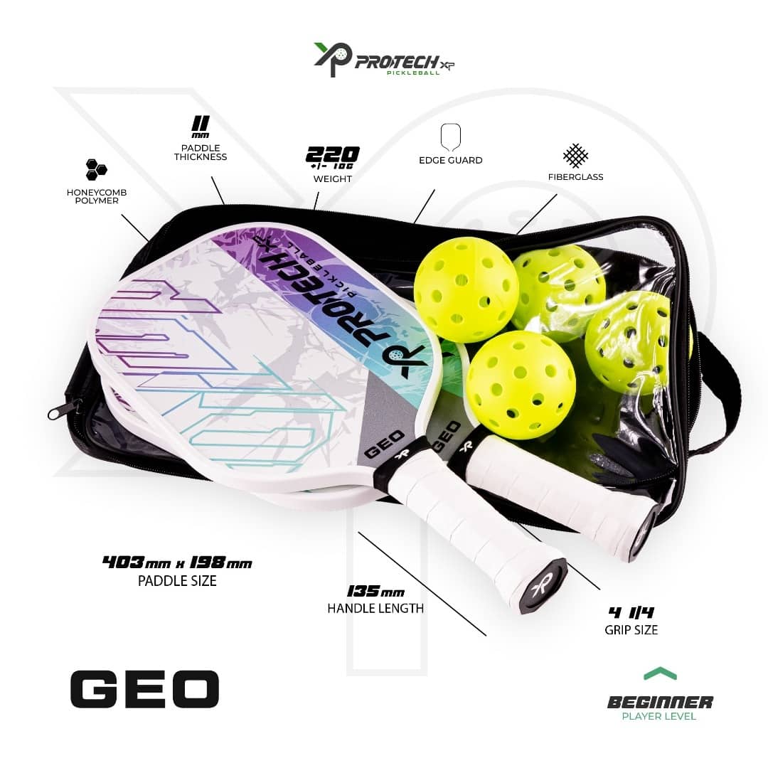 PROTECH PICKLEBALL PADDLE GEO (2 Protech Pickleball Paddles/4 Balls/1 Cover) - WHITE